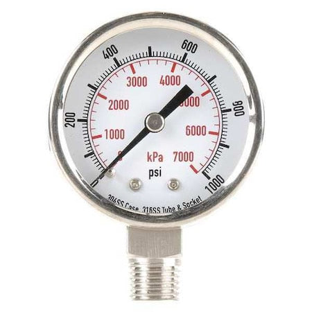 Commercial Pressure Gauge, 0 to 1, 000 psi, 2 in Dial, 1/4 in NPT, Bottom Location