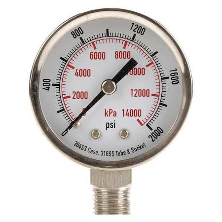Commercial Pressure Gauge, 0 to 2, 000 psi, 2 in Dial, 1/4 in NPT, Bottom Location