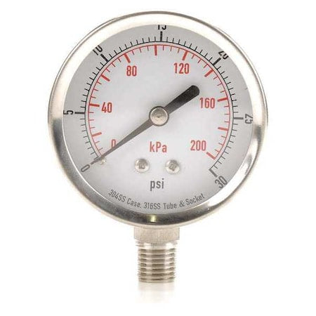 Commercial Pressure Gauge, 0 to 30 psi, 2 1/2 in Dial, 1/4 in NPT, Bottom Location