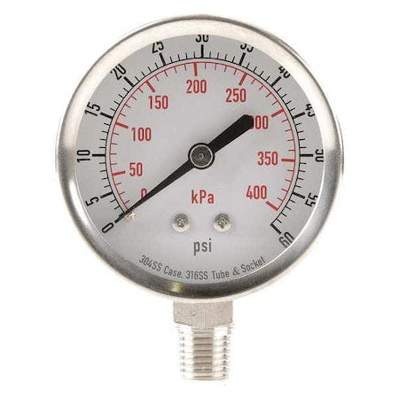 Commercial Pressure Gauge, 0 to 60 psi, 2 1/2 in Dial, 1/4 in NPT, Bottom Location