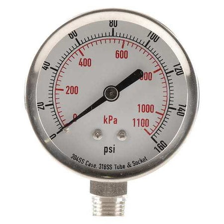 Commercial Pressure Gauge, 0 to 160 psi, 2 1/2 in Dial, 1/4 in NPT, Bottom Location