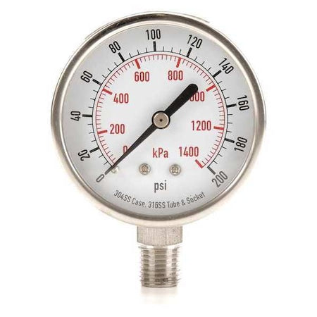 Commercial Pressure Gauge, 0 to 200 psi, 2 1/2 in Dial, 1/4 in NPT, Bottom Location