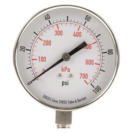 Commercial Pressure Gauge, 0 to 100 psi, 3 1/2 in Dial, 1/4 in NPT, Bottom Location