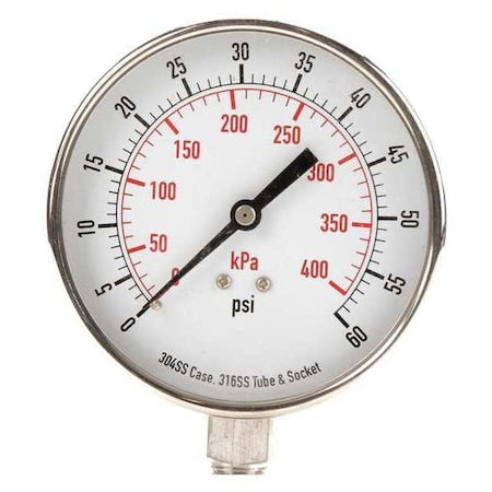 Commercial Pressure Gauge, 0 to 60 psi, 3 1/2 in Dial, 1/4 in NPT, Bottom Location
