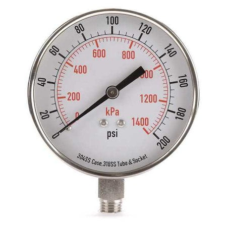 Commercial Pressure Gauge, 0 to 200 psi, 3 1/2 in Dial, 1/4 in NPT, Bottom Location