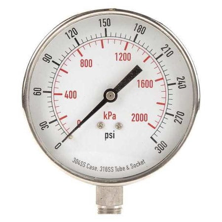 Commercial Pressure Gauge, 0 to 300 psi, 3 1/2 in Dial, 1/4 in NPT, Bottom Location