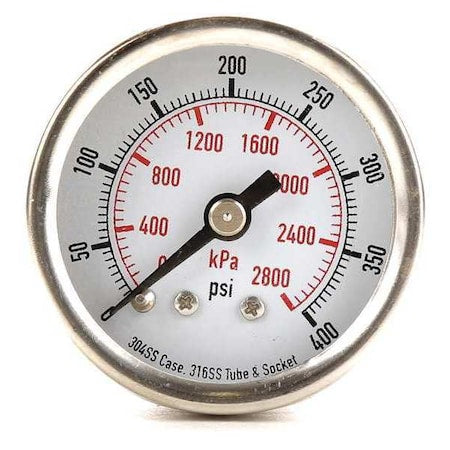 Commercial Pressure Gauge, 0 to 400 psi, 1 1/2 in Dial, 1/8 in NPT, Center Back Location