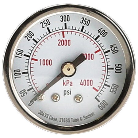 Commercial Pressure Gauge, 0 to 600 psi, 1 1/2 in Dial, 1/8 in NPT, Center Back Location