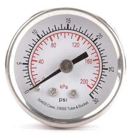 Commercial Pressure Gauge, 0 to 30 psi, 1 1/2 in Dial, 1/8 in NPT, Center Back Location
