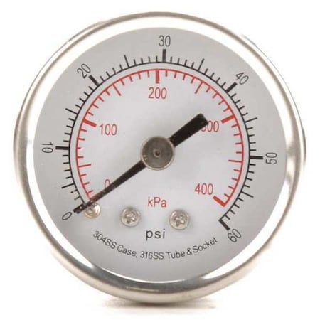 Commercial Pressure Gauge, 0 to 60 psi, 1 1/2 in Dial, 1/8 in NPT, Center Back Location