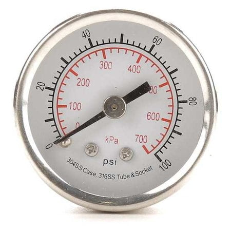 Commercial Pressure Gauge, 0 to 100 psi, 1 1/2 in Dial, 1/8 in NPT, Center Back Location