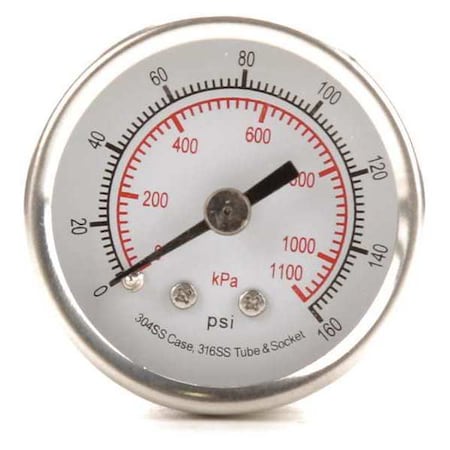 Commercial Pressure Gauge, 0 to 160 psi, 1 1/2 in Dial, 1/8 in NPT, Center Back Location