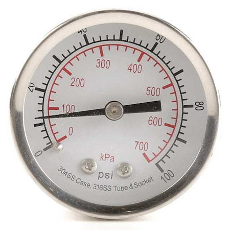 Commercial Pressure Gauge, 0 to 100 psi, 2 in Dial, 1/4 in NPT, Center Back Location