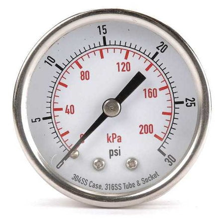 Commercial Pressure Gauge, 0 to 30 psi, 2 in Dial, 1/4 in NPT, Center Back Location