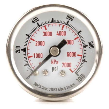 Commercial Pressure Gauge, 0 to 1, 000 psi, 1 1/2 in Dial, 1/8 in NPT, Center Back Location