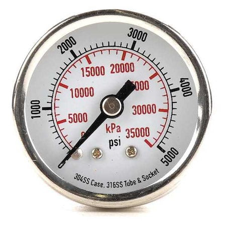 Commercial Pressure Gauge, 0 to 5, 000 psi, 1 1/2 in Dial, 1/8 in NPT, Center Back Location
