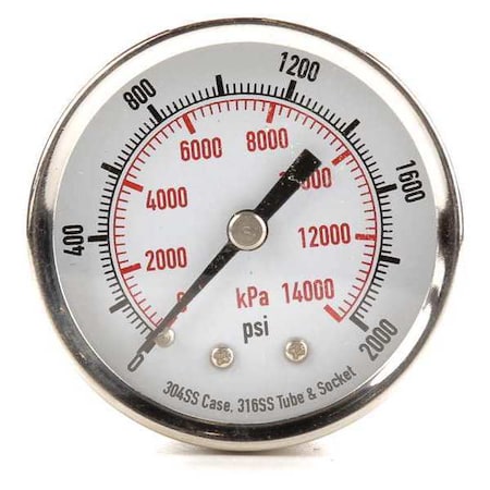 Commercial Pressure Gauge, 0 to 2, 000 psi, 2 in Dial, 1/4 in NPT, Center Back Location