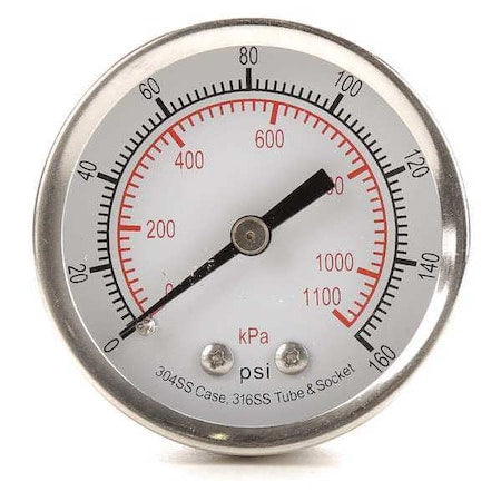 Commercial Pressure Gauge, 0 to 160 psi, 2 in Dial, 1/4 in NPT, Center Back Location