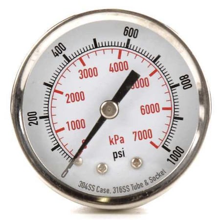 Commercial Pressure Gauge, 0 to 1, 000 psi, 2 in Dial, 1/4 in NPT, Center Back Location