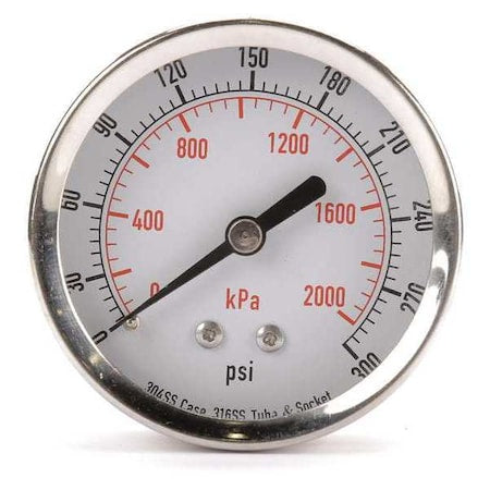 Commercial Pressure Gauge, 0 to 300 psi, 2 1/2 in Dial, 1/4 in NPT, Center Back Location