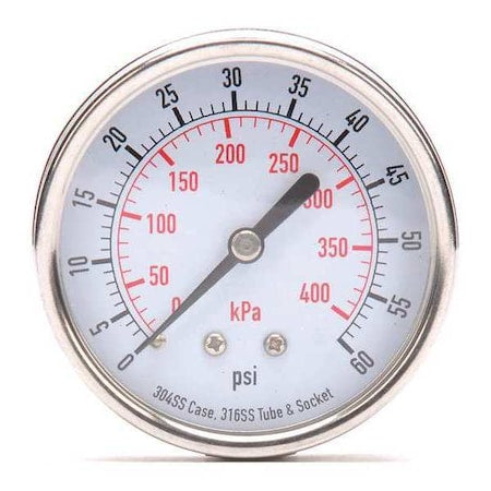 Commercial Pressure Gauge, 0 to 60 psi, 2 1/2 in Dial, 1/4 in NPT, Center Back Location