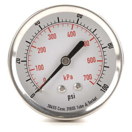 Commercial Pressure Gauge, 0 to 100 psi, 2 1/2 in Dial, 1/4 in NPT, Center Back Location