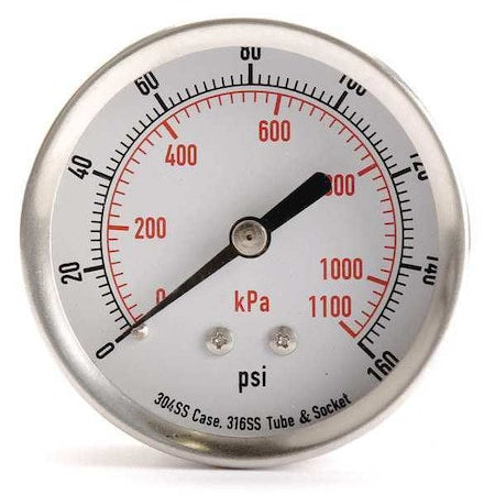 Commercial Pressure Gauge, 0 to 160 psi, 2 1/2 in Dial, 1/4 in NPT, Center Back Location