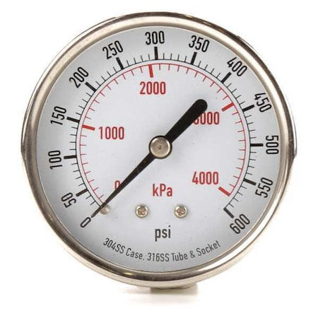Commercial Pressure Gauge, 0 to 600 psi, 2 1/2 in Dial, 1/4 in NPT, Center Back Location