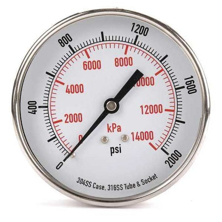 Commercial Pressure Gauge, 0 to 2, 000 psi, 3 1/2 in Dial, 1/4 in NPT, Center Back Location