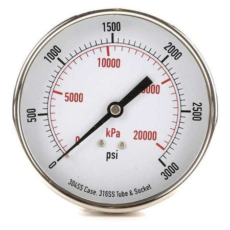 Commercial Pressure Gauge, 0 to 3, 000 psi, 3 1/2 in Dial, 1/4 in NPT, Center Back Location