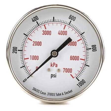 Commercial Pressure Gauge, 0 to 1, 000 psi, 3 1/2 in Dial, 1/4 in NPT, Center Back Location