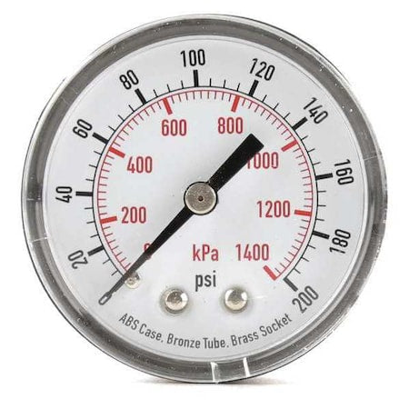 Pressure Gauge, Commercial, 0 to 200 psi, 2 in Dial, Acrylic Lens, 1/4 in MNPT, Plastic, Black