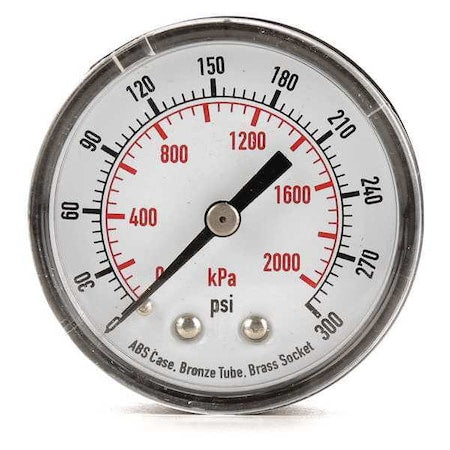 Pressure Gauge, Commercial, 0 to 300 psi, 2 in Dial, Acrylic Lens, 1/4 in MNPT, Plastic, Black