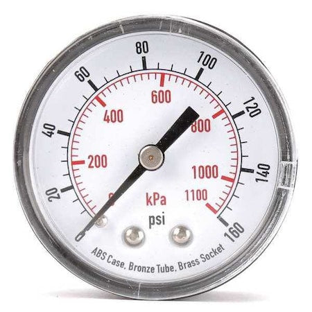 Pressure Gauge, Commercial, 0 to 160 psi, 2 in Dial, Acrylic Lens, 1/4 in MNPT, Plastic, Black
