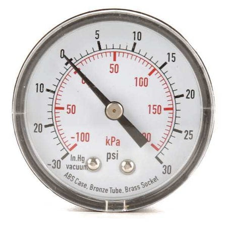 Commercial Compound Gauge, 30 to 0 to 30 psi, 2 in Dial, 1/4 in NPT, Center Back Location