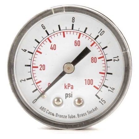 Pressure Gauge, Commercial, 0 to 15 psi, 2 in Dial, Acrylic Lens, 1/4 in MNPT, Plastic, Black