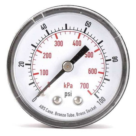 Pressure Gauge, Commercial, 0 to 100 psi, 2 in Dial, Acrylic Lens, 1/4 in MNPT, Plastic, Black