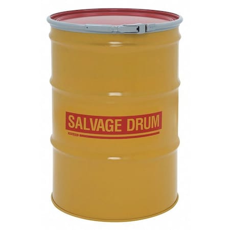 Open Head Salvage Drum, Steel, 55 gal, Unlined, Yellow