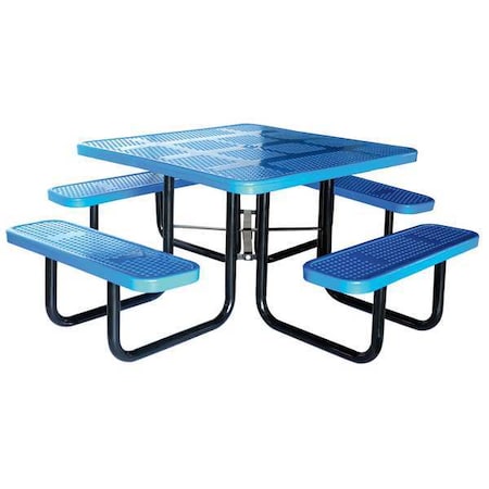 Square Picnic Table, Blue, Perforated Metal, 4 Seats, 80 in L, 29 5/8 in H Overall Dot