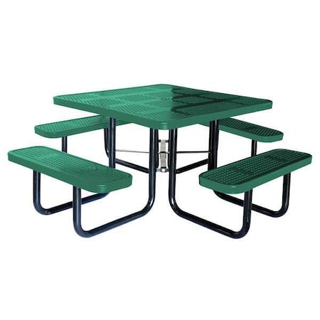 Square Picnic Table, Green, Perforated Metal, 4 Seats, 80 in L, 29 5/8 in H Overall Dot