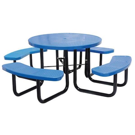 Round Picnic Table, Blue, Perforated Metal, 4 Seats, 81 in L, 29-1/4 in H Overall Dot