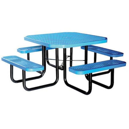 Octagon Picnic Table, Blue, Expanded Metal, 4 Seats, 80 in L, 29-1/4 in H Overall Diamond Mesh