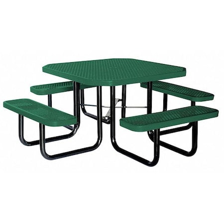 Octagon Picnic Table, Green, Expanded Metal, 4 Seats, 80 in L, 29-1/4 in H Overall Diamond Mesh
