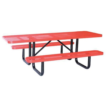 Rectangle Picnic Table, Red, Expanded Metal, 6 Seats, 96 in L, 29 5/8 in H Overall Diamond Mesh