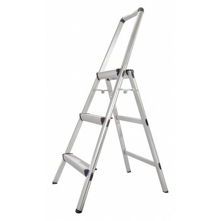 Utility Step Stool, 3 Steps, 225 lb Load Capacity, 48 in Overall Height, Aluminum, Silver