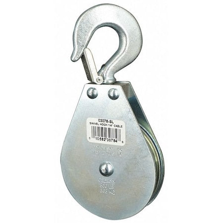 Pulley Block, Wire Rope, 1/4 in Max Cable Size, 800 lb Max Load, Zinc Plated
