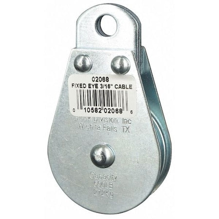 Pulley Block, Wire Rope, 3/16 in Max Cable Size, 600 lb Max Load, Zinc Plated