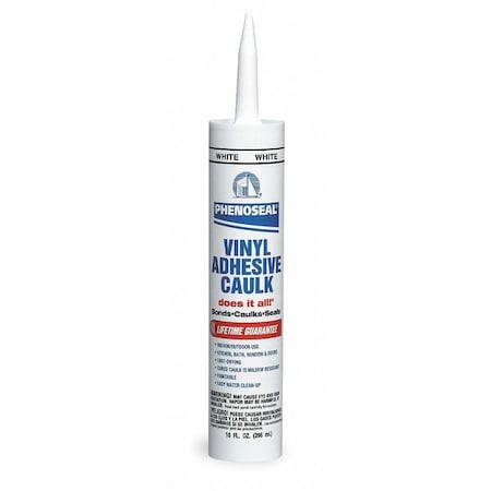 Acrylic Latex Adhesive Caulk, 10 oz, Cartridge, White, Acrylic Latex Base, Phenoseal