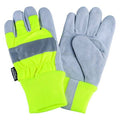 Leather Gloves, Cowhide, Knit Cuff, Wing Thumb, Full Finger, Lime, L, 1 PR