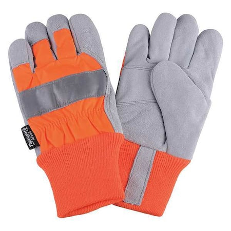 Leather Gloves, Cowhide, Knit Cuff, Wing Thumb, Full Finger, Orange, L, 1 PR